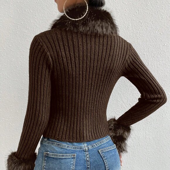 Coffee Brown Casual Women's Borg Collar Fuzzy Cuff Cardigan - Picture 4 of 8